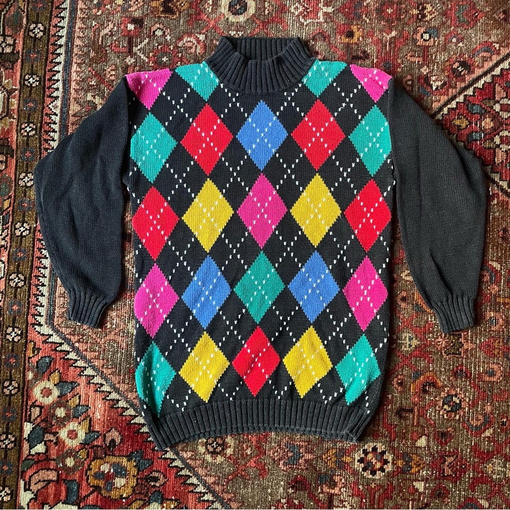 Vintage 80s Rainbow Argyle Knit Mockneck Sweater